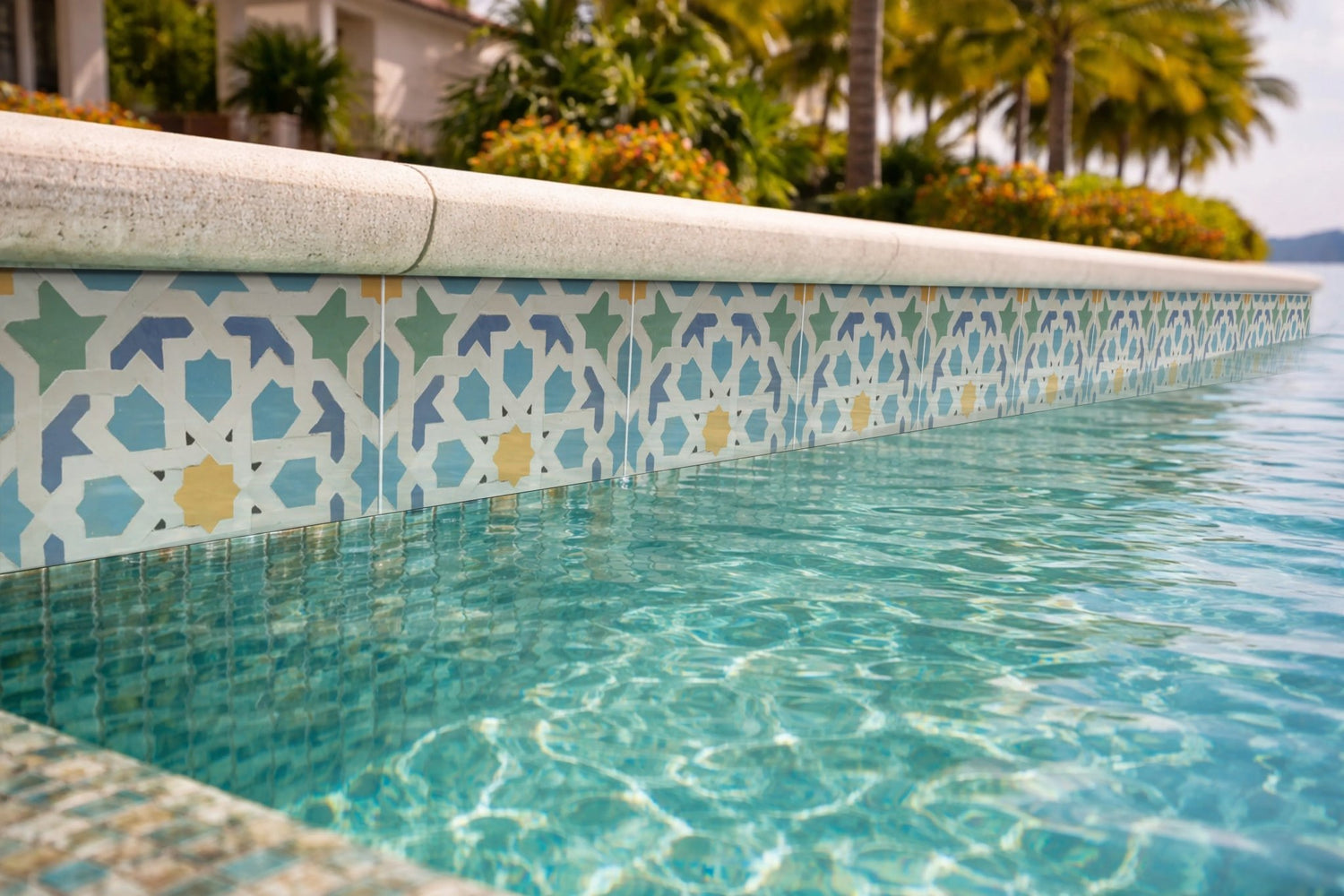 Pool Waterline Tiles | Moroccan & Spanish  Mediterranean Pool Accent Tiles - Pool Waterline Tiles | Luxury Pool Tiles | Mediterranean Pool Tiles