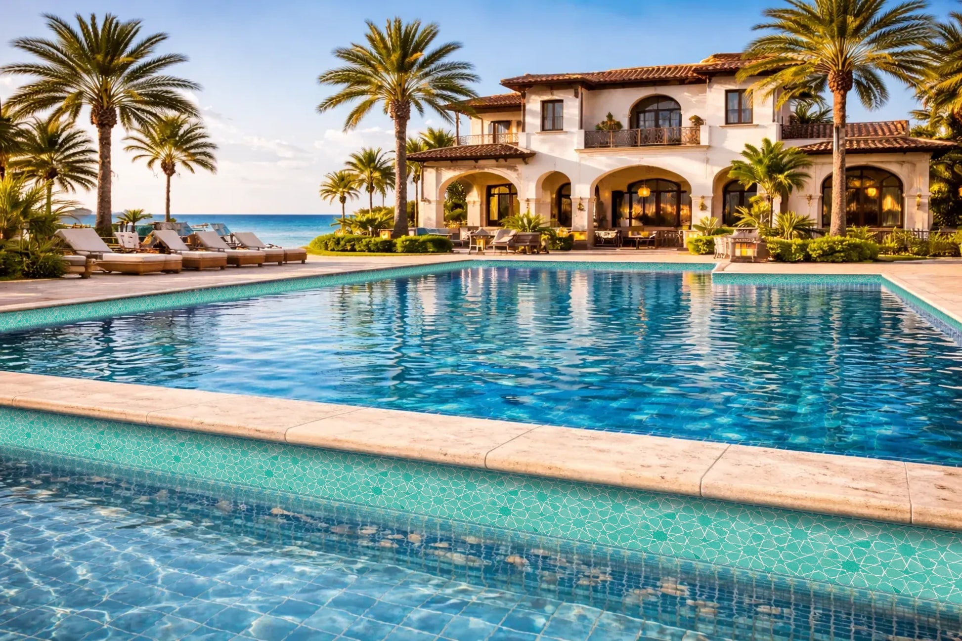 Handcrafted Moroccan zellige waterline tile for luxury pool in Honolulu Hawaii