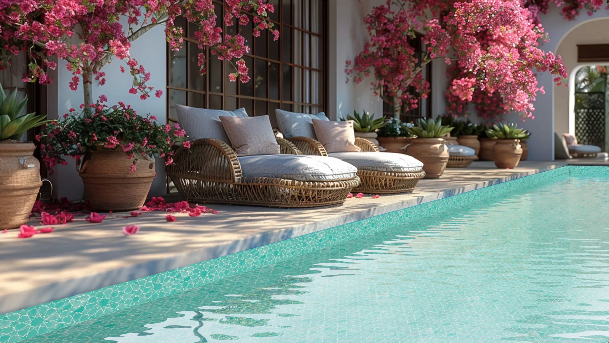 Handcrafted green Moroccan zellige pool waterline tiles with glossy finish in luxury backyard pool