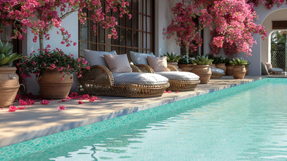 Handcrafted green Moroccan zellige pool waterline tiles with glossy finish in luxury backyard pool
