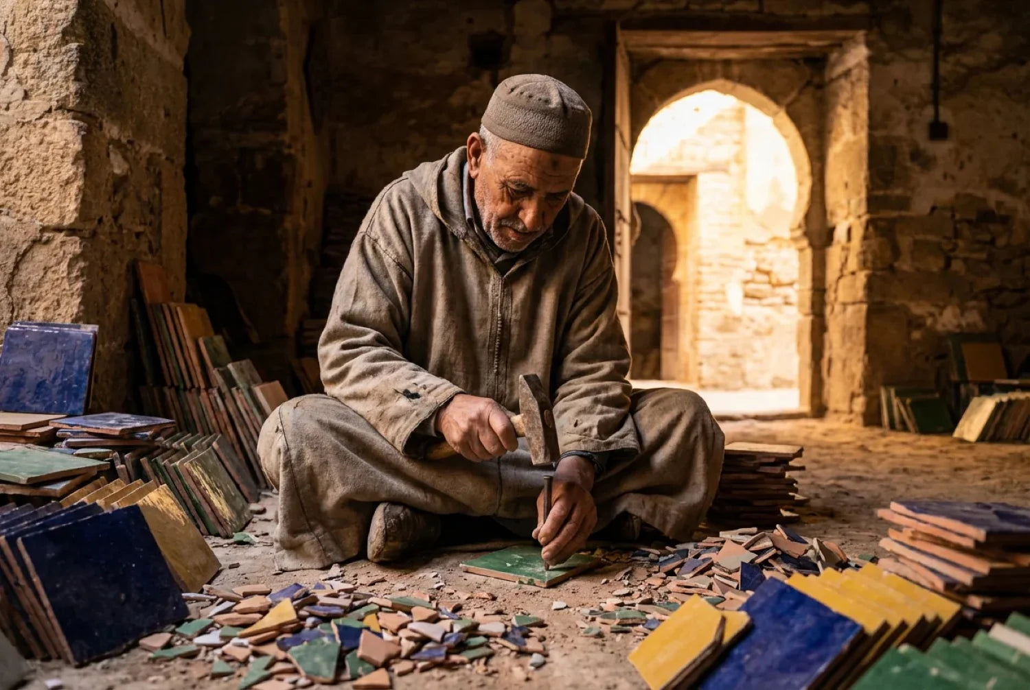 Moroccan zellige artisan workshop Fez