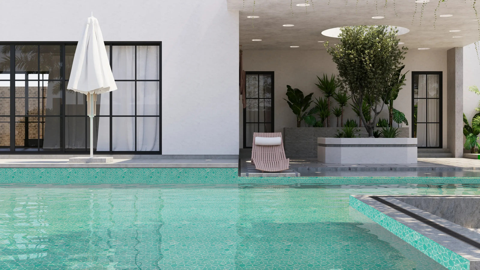 Green Moroccan Pool Waterline Tile | Zellige Pool Tile for Luxury Pools